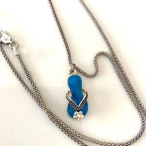Sterling silver italian chain blue enamel crystal flip flop charm, 18"